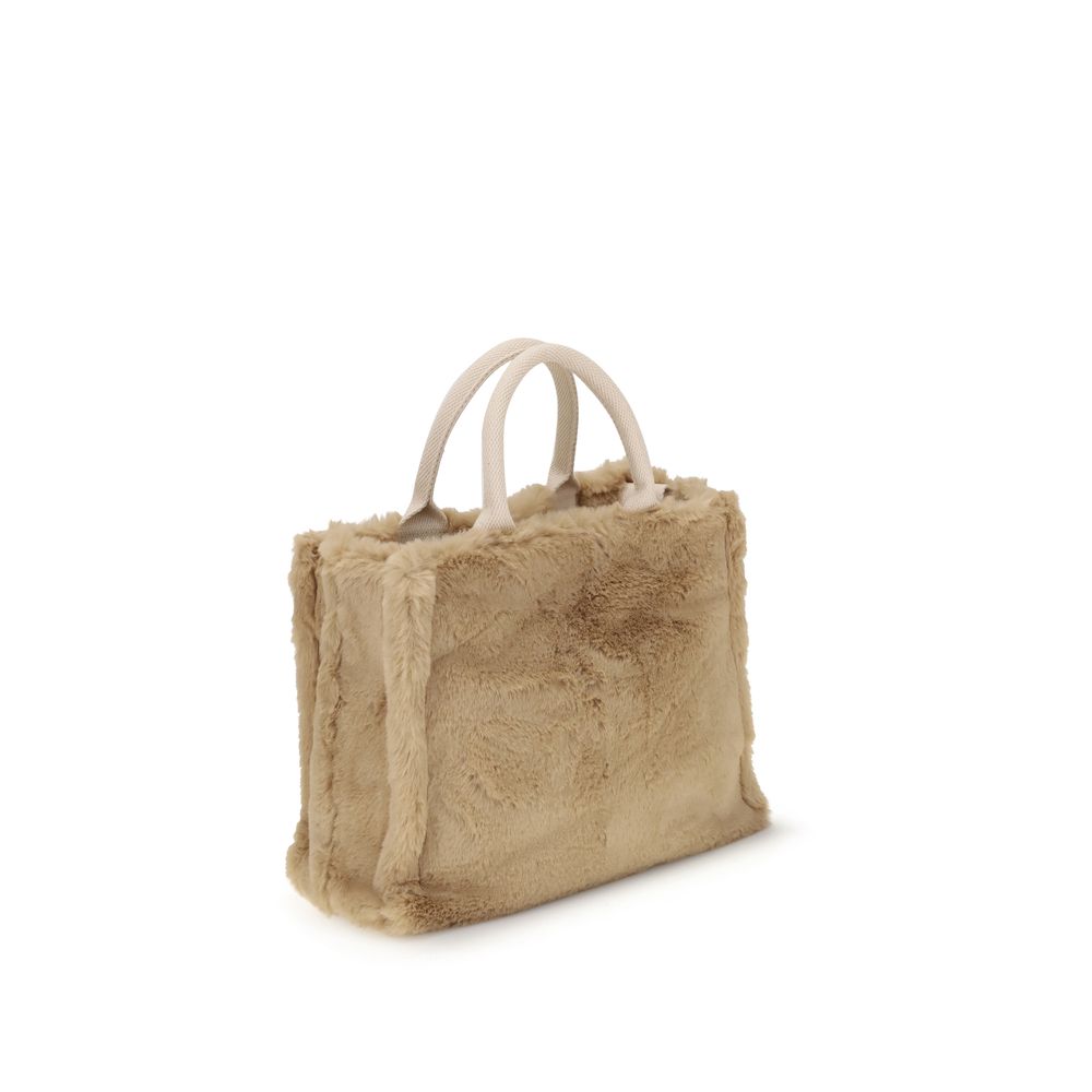 Marni Beige Polyester Handbag with fur lining and fabric handles, featuring a bold and contemporary design.