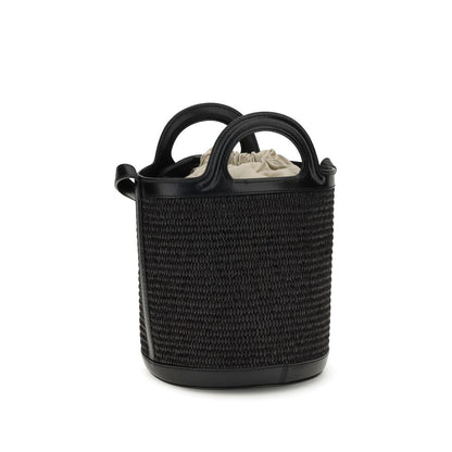 Marni Black Cotton Backet Bag with raffia design, leather trim, dual round handles, and adjustable shoulder strap for versatile wear.