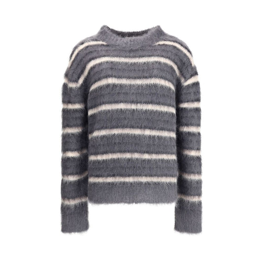 Marni Gray Mohair Sweatshirt with horizontal stripes, ribbed crew neck, cuffs, and hem, designed for comfort and style, AW25 collection.