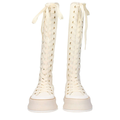 Max Mara Beige Fabric Lace-Up Boots with wedge heel and vintage effect style, round toe, and rubber sole.