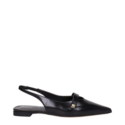 Max Mara Black Leather Ballet Flats with pointy toe and slingback design, featuring side logo. Low flat heel ideal for elegant style.