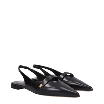 Max Mara Black Leather Ballet Flats with pointy toe and low flat heel, featuring a side logo on the leather sandal design.