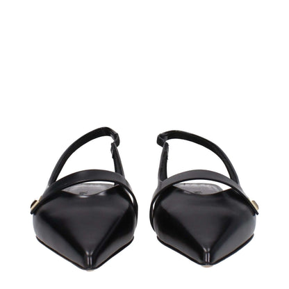 Max Mara Black Leather Ballet Flats with pointy toe and side logo, low flat heel, perfect for elegant occasions.