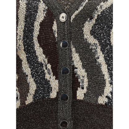 Close-up of Missoni Brown Viscose Cardigan with wave pattern, button closure, and sequins detailing for a sophisticated, elegant look.