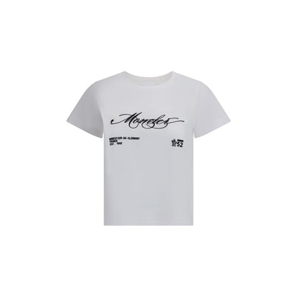 Moncler White Cotton T-Shirt with embroidered logo, ribbed crew neck and crop cut, perfect for casual contemporary looks.
