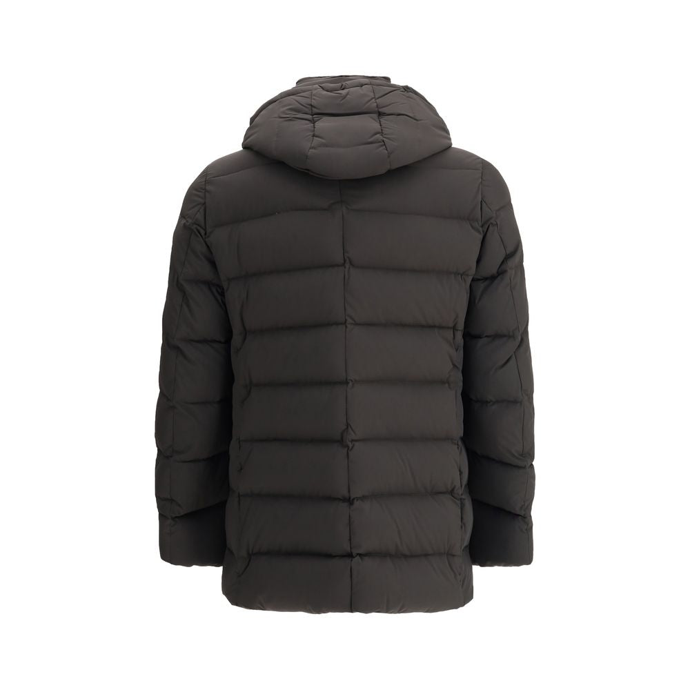 MooRER Black Polyamide Coat - Rear View of Florio Down Jacket with Removable Hood, Slim Fit