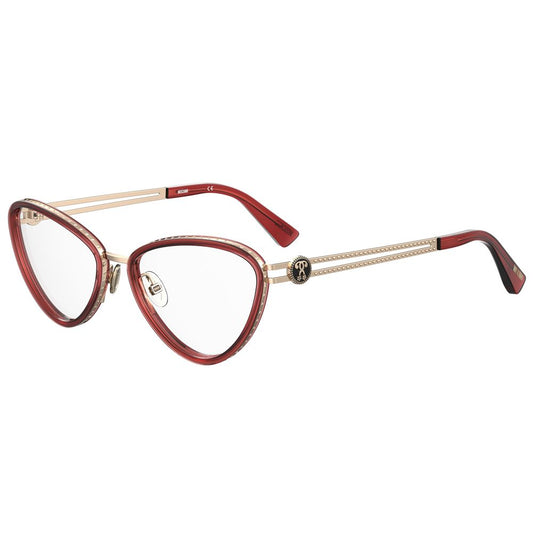 Moschino Burgundy Metal Frames with cat-eye shape and gold accents, women's glasses model MOS585-LHF, 54/17/135 mm dimensions.