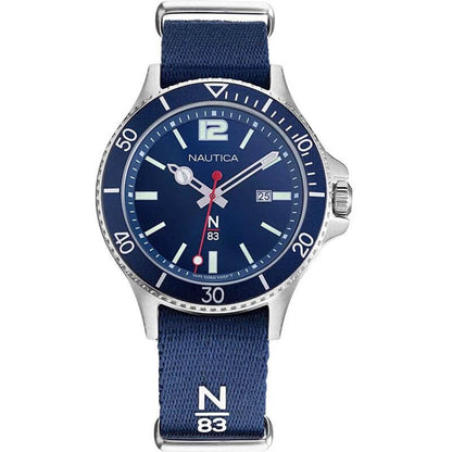 NAUTICA Mod. NAPABS904 men's quartz analog watch with blue dial, 5 ATM water resistance, 43mm case, mineral glass, official packaging.