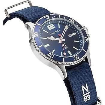NAUTICA Mod. NAPABS904 men's quartz analog watch with blue dial, mineral glass, 43mm case, 5 ATM water resistance, and official packaging.
