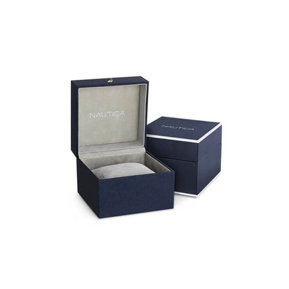 Official packaging box for NAUTICA Mod. NAPCPS904 quartz watch, showcasing elegant design and branding for superior presentation.