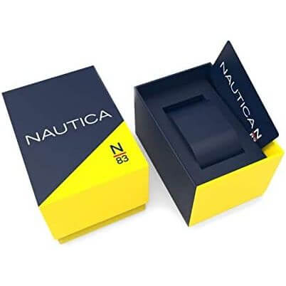Official box for NAUTICA Mod. NAPFWS005 watch showcasing packaging design.