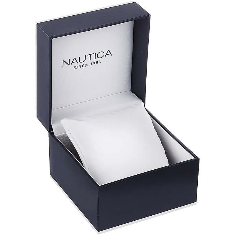 NAUTICA Mod. NAPHST003 official packaging box for gent's quartz analog watch, includes water resistant features and mineral dial case.