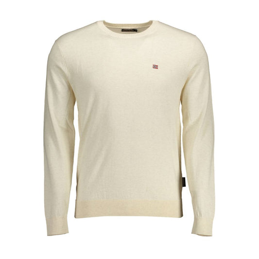 Napapijri Beige Cotton Men Sweater with crew neck and logo embroidery