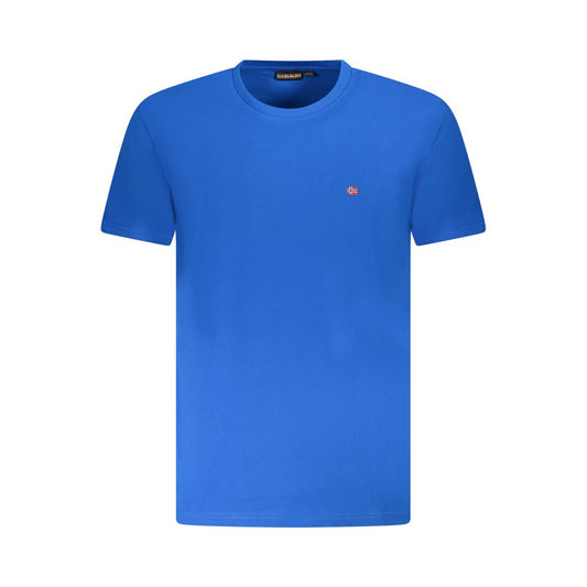 Napapijri Blue Cotton Men T-Shirt with logo embroidery, crew neck, regular fit, ideal for casual wear.