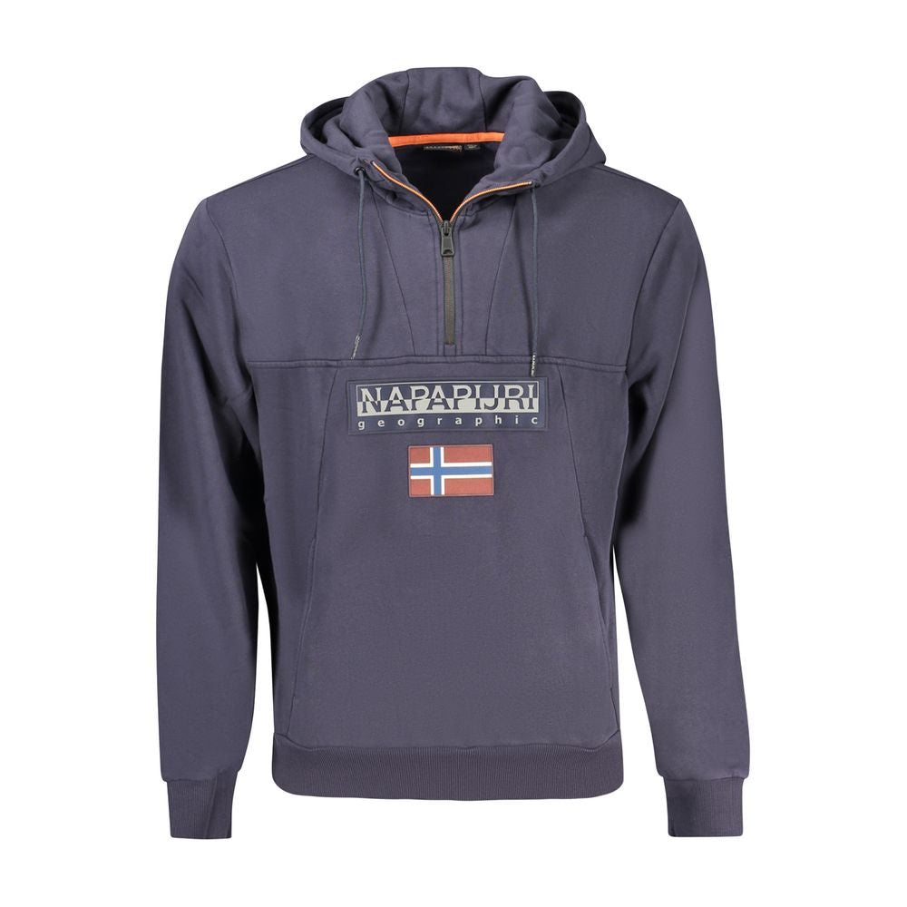 Napapijri Blue Organic Cotton Men Sweater with half-zip and bold appliqué branding, showcasing luxurious comfort and urban convenience.