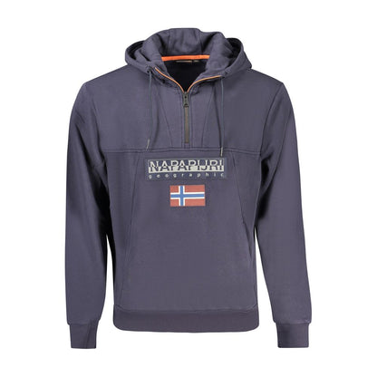 Napapijri Blue Organic Cotton Men Sweater with half-zip and bold appliqué branding, showcasing luxurious comfort and urban convenience.