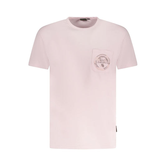 Napapijri Pink Cotton Men T-Shirt with logo pocket and crew neck, perfect for casual wear.