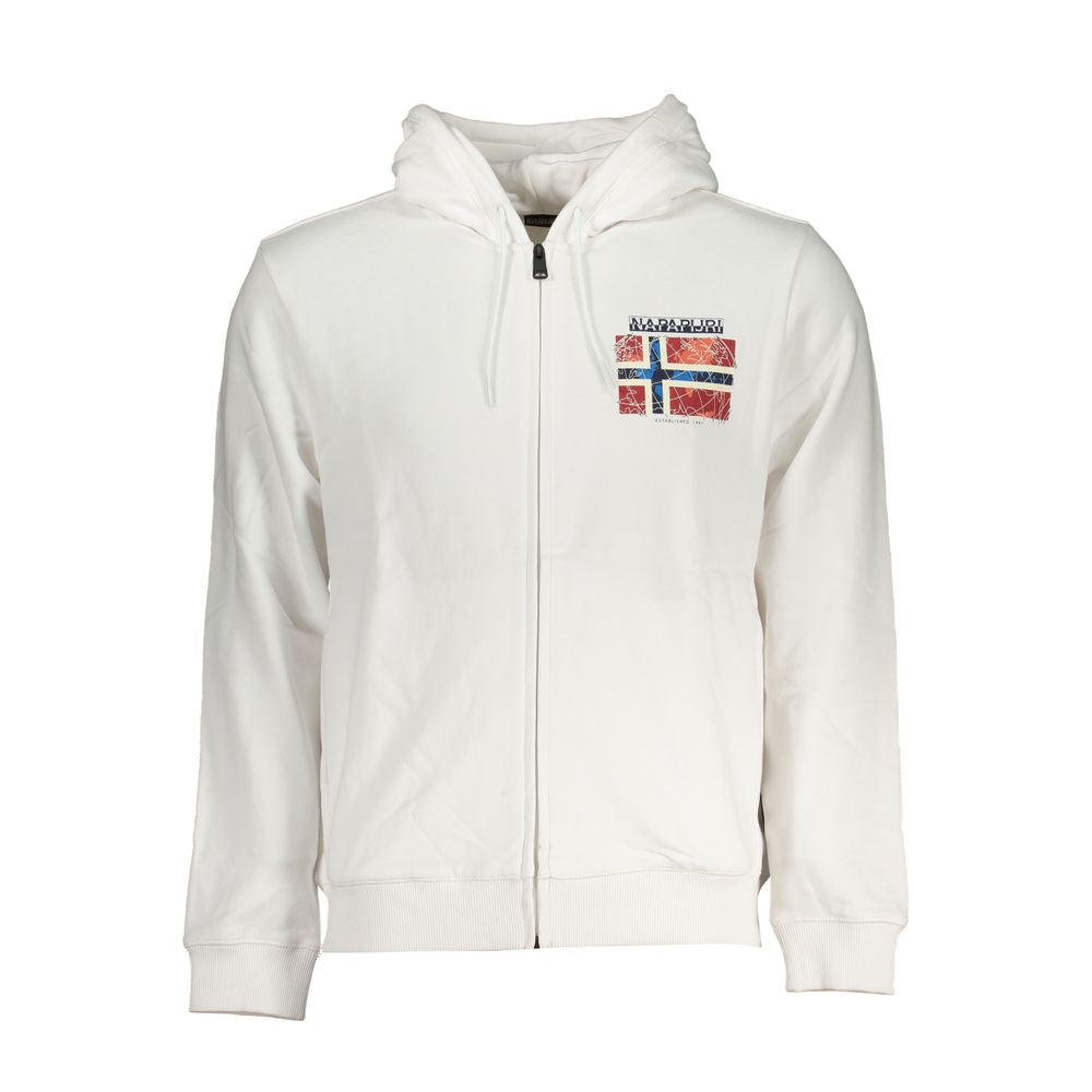Napapijri White Cotton Men Sweater with hood, featuring a bold logo print and convenient zip closure; made from soft brushed cotton.