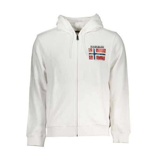 Napapijri White Cotton Men Sweater with hood, featuring a bold logo print and convenient zip closure; made from soft brushed cotton.