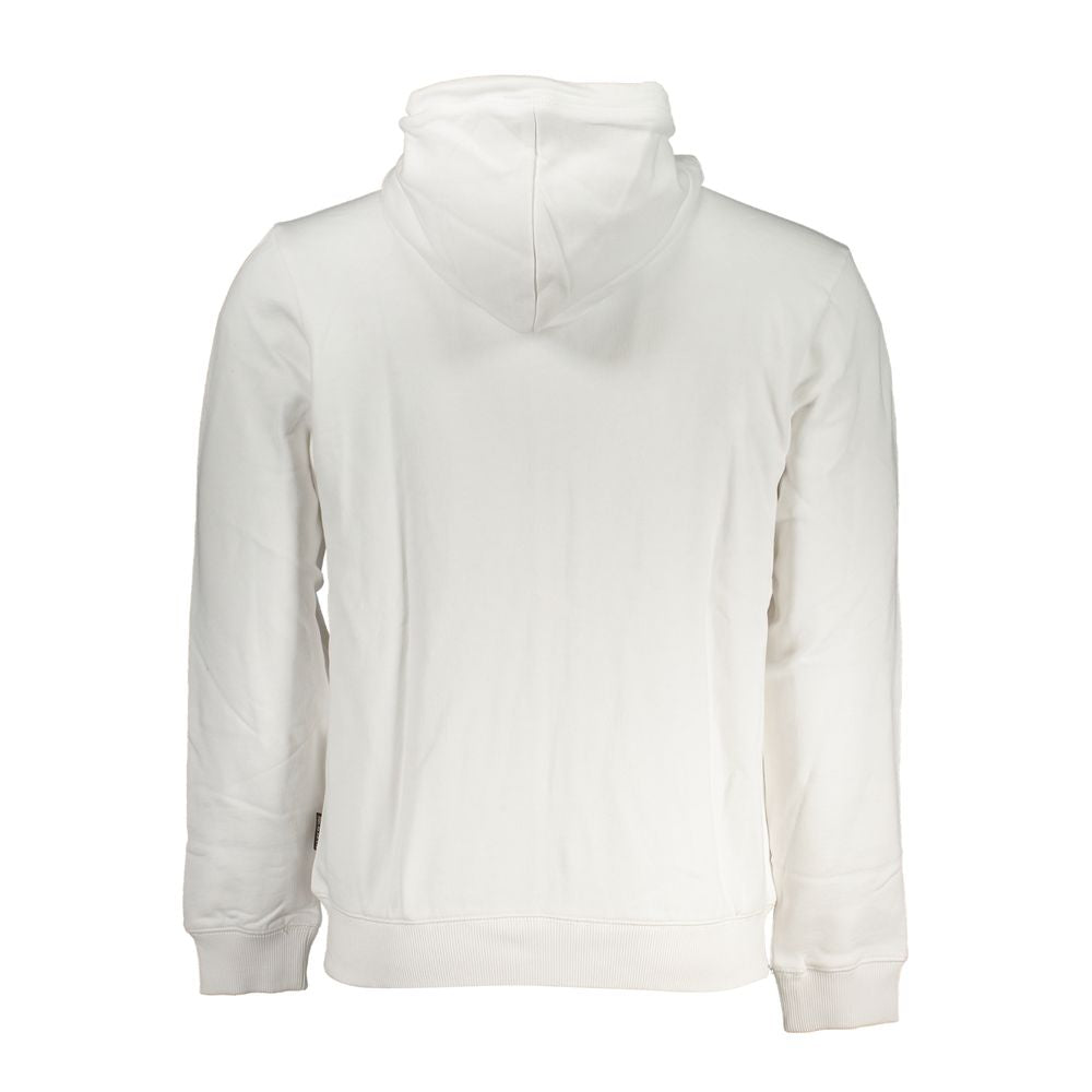 Back view of Napapijri White Cotton Men Sweater with hood and long sleeves, showcasing soft brushed cotton material.
