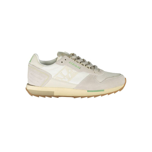 Napapijri White Leather Men Sneaker featuring green accents and textured design for stylish streetwear.