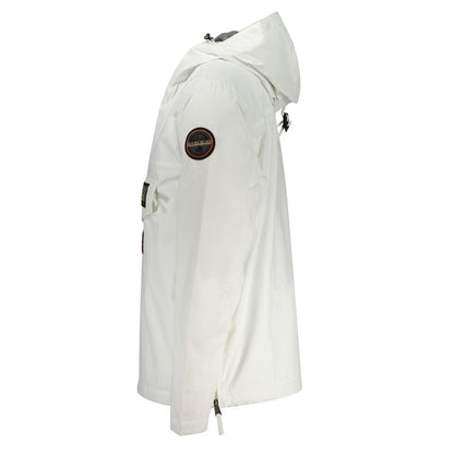 Napapijri White Polyamide Men Jacket side view showcasing hood and central pocket design with sleek white finish.