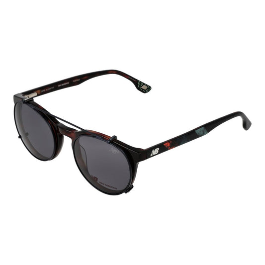 New Balance Brown Men Glasses Frame with full-rim, plastic material, round style, and grey mirrored lenses, offering 100% UVA & UVB protection.