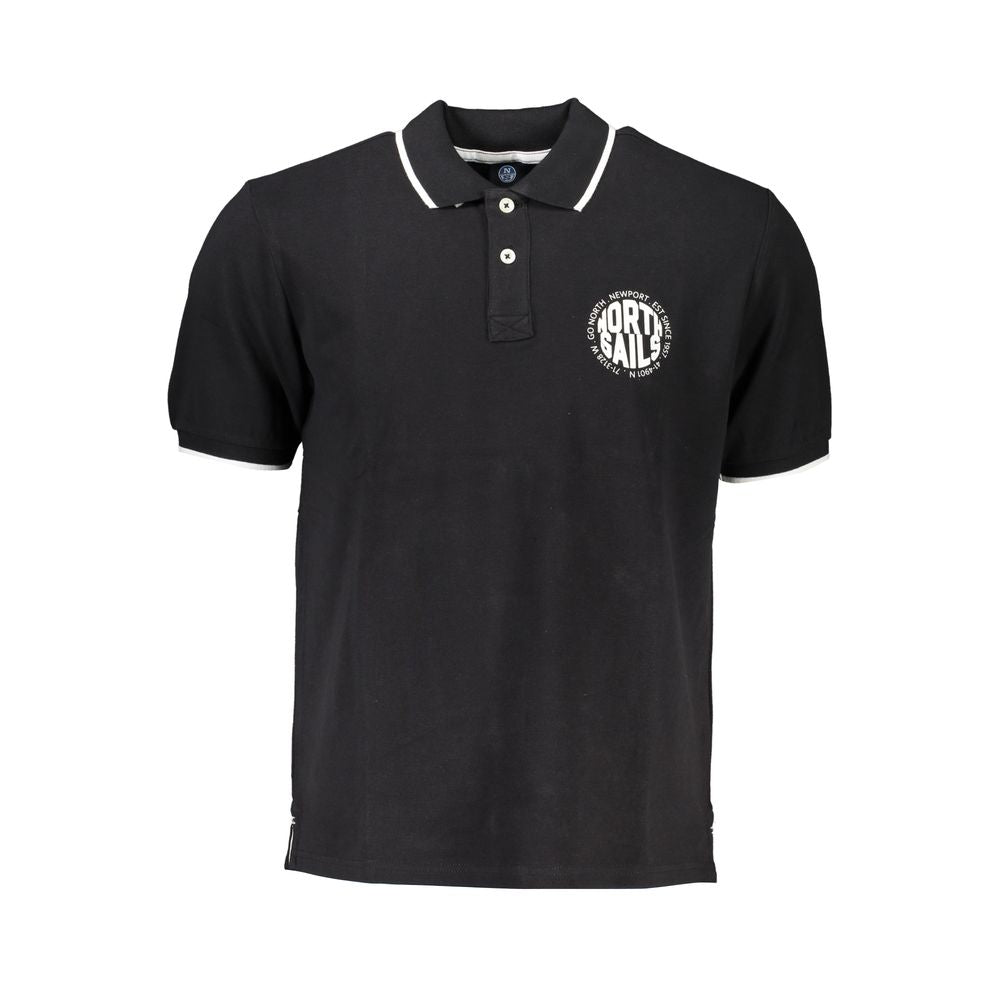 North Sails Black Cotton Polo Shirt with short sleeves, 2 buttons, contrast details, and printed logo on chest.