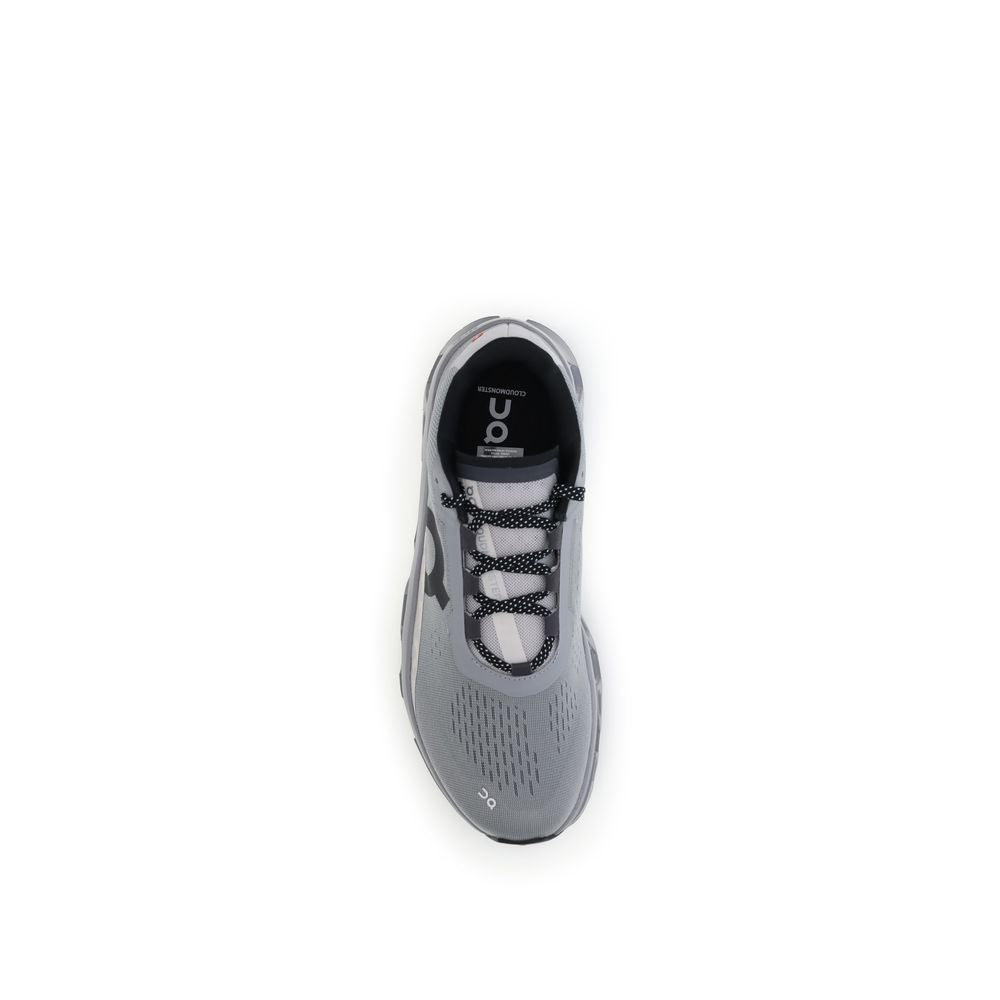 Top view of ON Gray Polyester Athletic Sneakers featuring lace-up closure and logo on tongue.