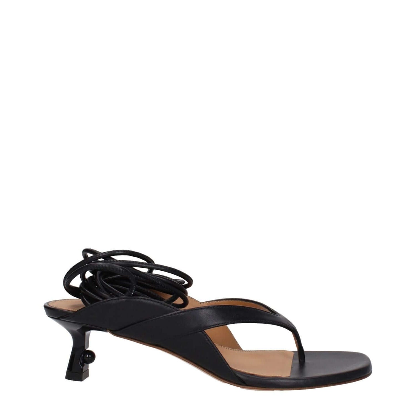 Off-White Black Leather Flip-Flop Sandals with mid heels, self tie closure, open toe, and leather sole. MPN OWIH057LEA0011009.