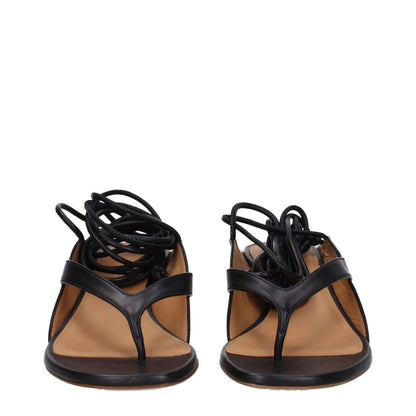 Front view of Off-White Black Leather Flip-Flop Sandals with self tie closure and open toe design, featuring a mid heel for stylish comfort.