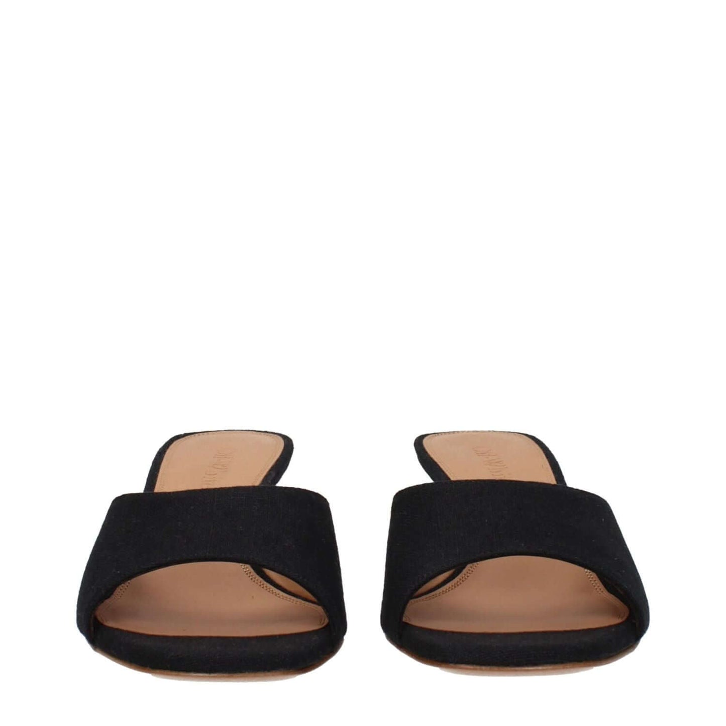 Off-White Black Linen Sandals with leather sole and 5 cm mid heels, open toe design front view.