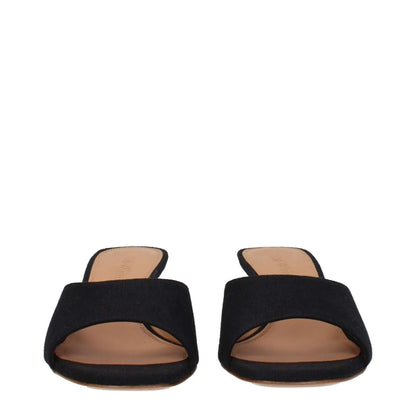 Off-White Black Linen Sandals with leather sole and 5 cm mid heels, open toe design front view.