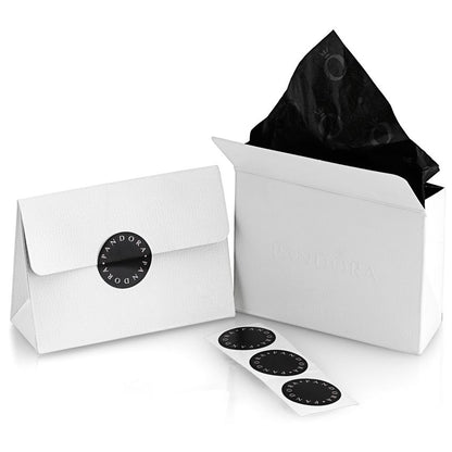 Packaging of PANDORA JEWELRY Mod. 398425C02-45 with white box and black tissue paper