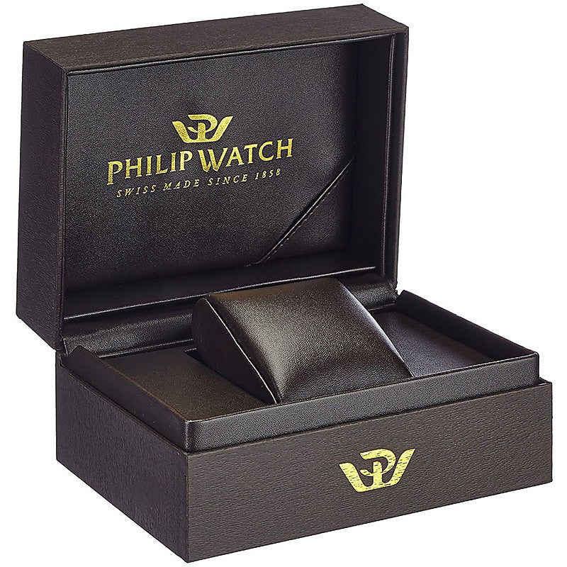 Luxury watch box for PHILIP WATCH MOD. R8273618001, ideal packaging for gent's 43 mm silver quartz chronograph wristwatch with sapphire dial.