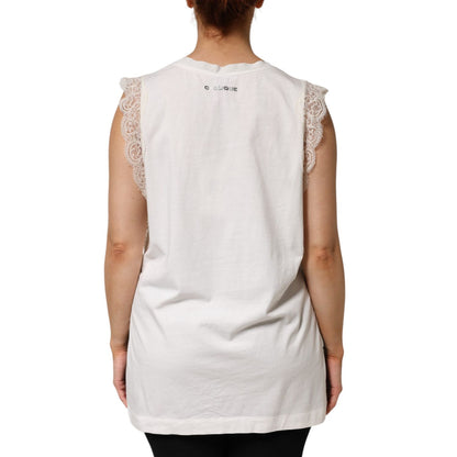 PINKO White Silk Blend Lace Trim Sleeveless V-Neck Women’s Top