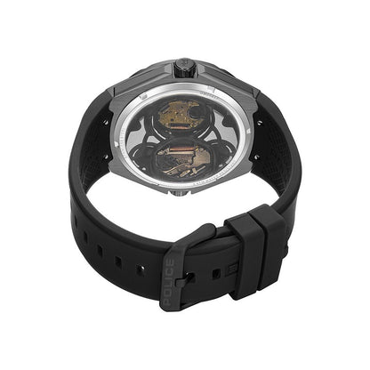 Back view of POLICE WATCHES Mod. PEWGM0081701 showcasing detailed mechanical design with black strap.