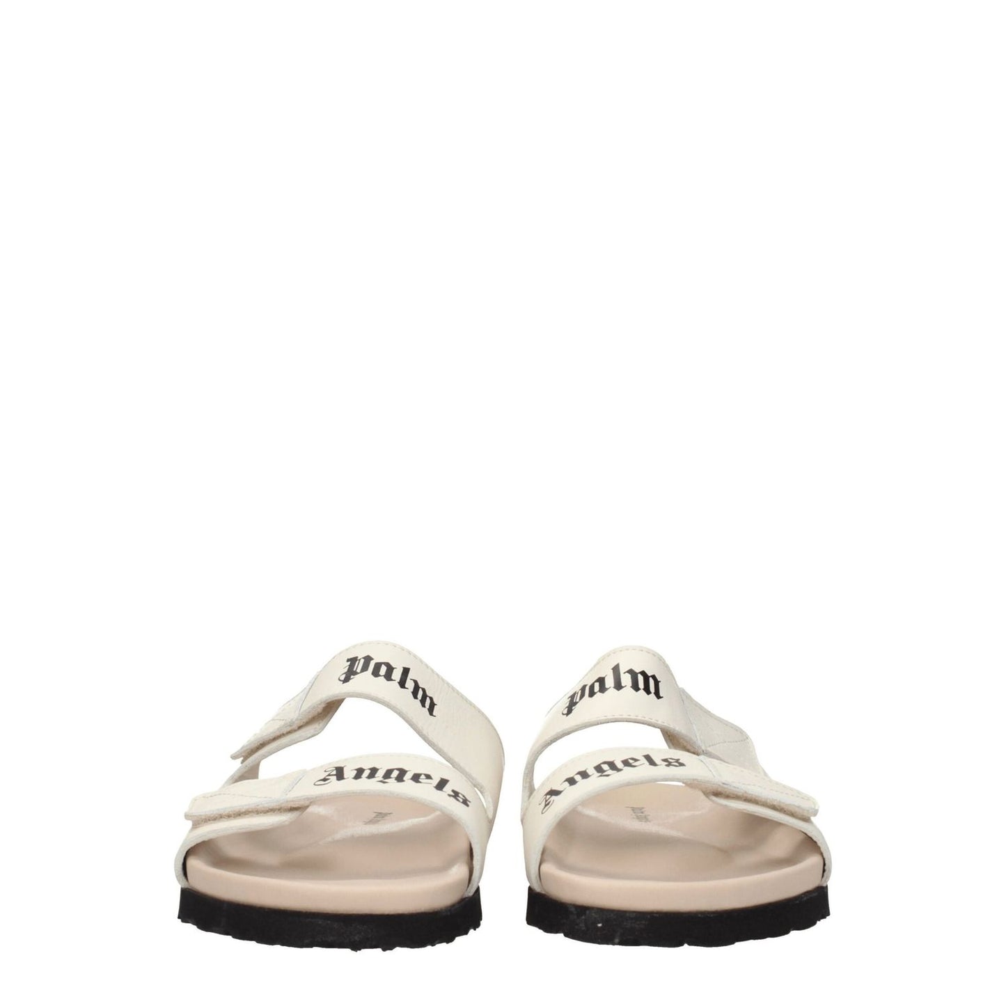 Palm Angels Beige Leather Slippers with front logo, open toe, low flat heel, rubber sole, casual style. MPN PMIH004LEA0010361.