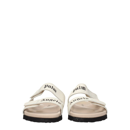 Palm Angels Beige Leather Slippers with front logo, open toe, low flat heel, rubber sole, casual style. MPN PMIH004LEA0010361.