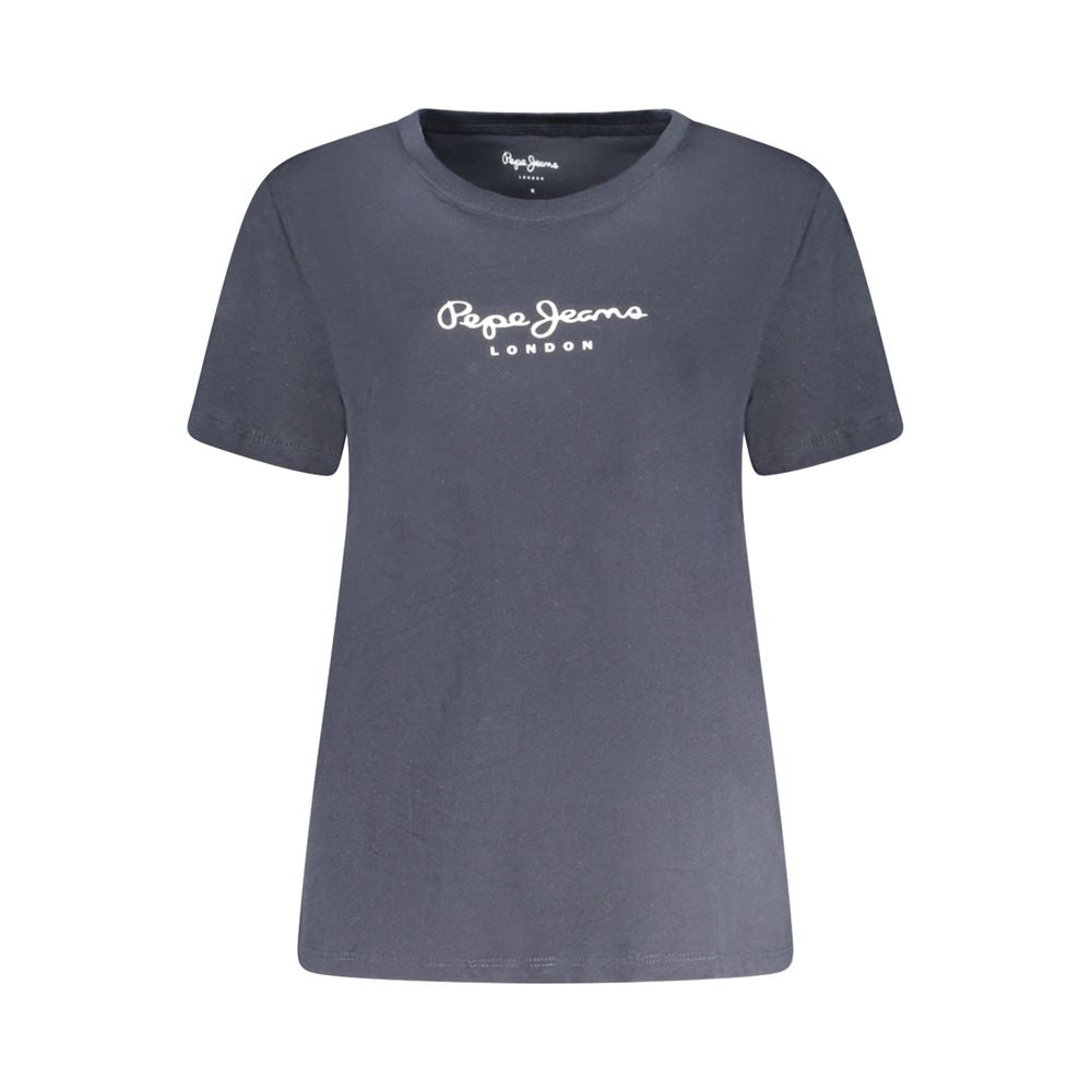 Pepe Jeans Blue Cotton Women T-Shirt with short sleeves, dynamic print, crew neck, and sustainable 100% cotton fabric.