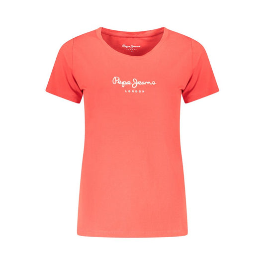 Pepe Jeans Red Cotton Women T-Shirt with logo, short sleeves, and sustainable materials, perfect for a trendy and bold fashion statement.
