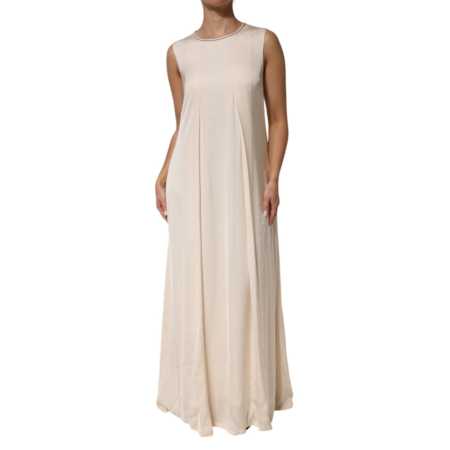 Peserico Beige Viscose Pleated Sleeveless Long Maxi Dress