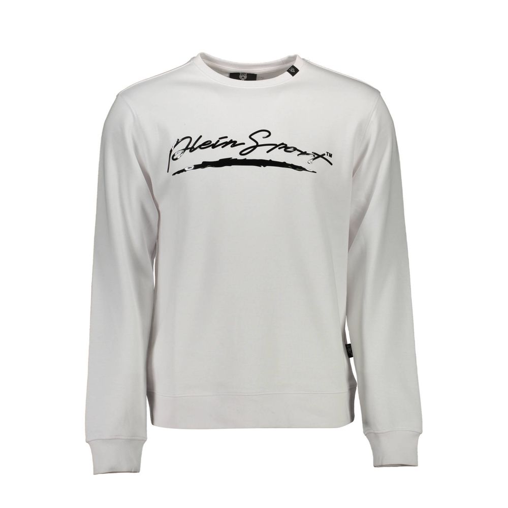 Plein Sport White Cotton Men Sweater featuring iconic logo and bold prints, crafted for comfort and style. Perfect for trendsetters.