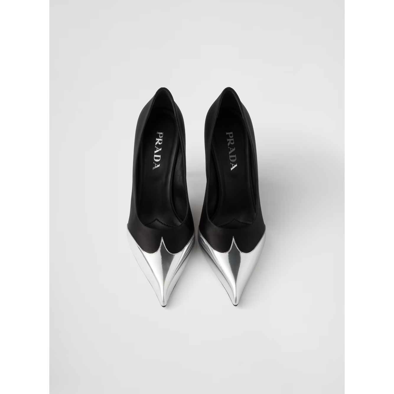 Prada Black Satin And Metallic Silver Leather Pumps