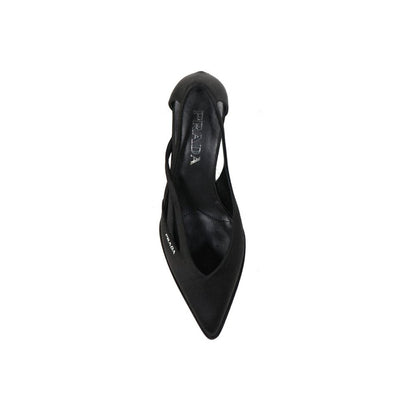 Prada Black Silk Mid Heel Pumps with pointed toe, leather insole, and cut-out details. Elegant slip-on design for women.