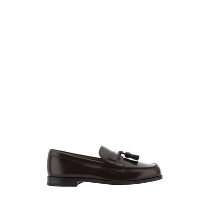 Prada Brown Calf Leather Bos Taurus Slip-On Loafers with tassel design and leather block heel.