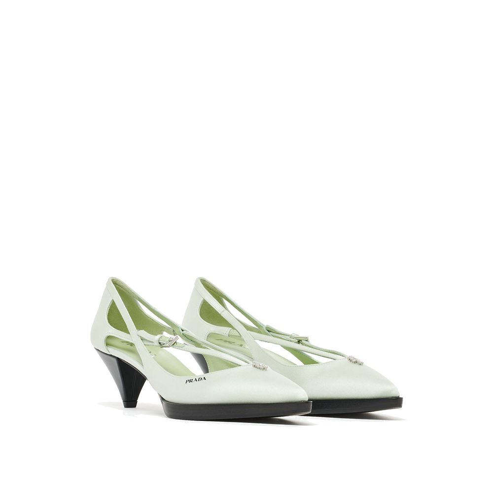 Prada Green Silk Mid Heel Pumps, 100% silk with jeweled ornament and metal buckle, 5.5 cm heel, women's shoes made in Italy.