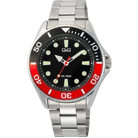 Q&Q Mod. GENT DIVER BLACK & RED wristwatch, 42mm metal case, quartz movement, water resistant 5 ATM, metallic strap.