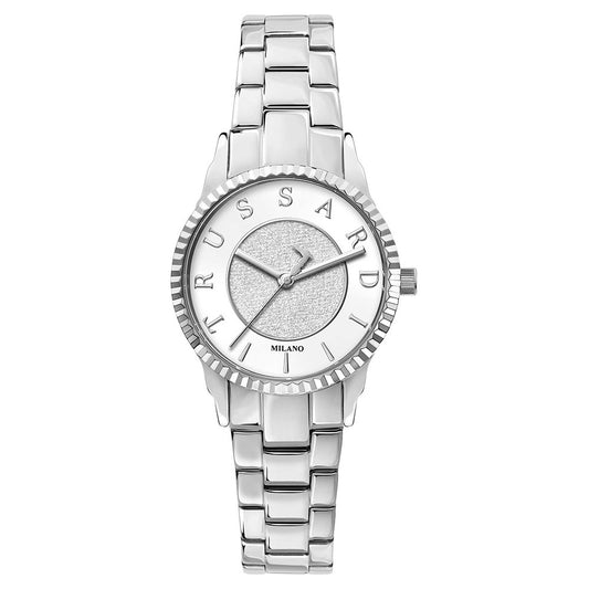 TRUSSARDI Mod. T-BENT wristwatch, 32mm stainless steel case, quartz movement, silver dial, water resistant 5 ATM, elegant bracelet design.