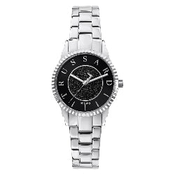 TRUSSARDI MOD. T-BENT silver ladies quartz wristwatch with black dial, 32 mm case, mineral material.